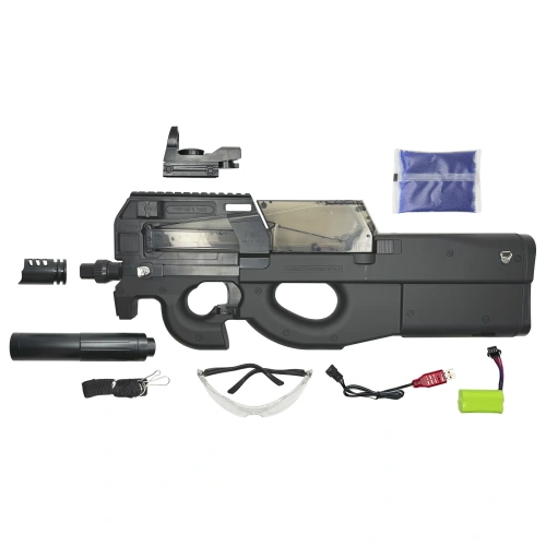 Модель пистолета-пулемета для гидробола SBL P 90, глушитель, прицел, черный, 6+ фото 6